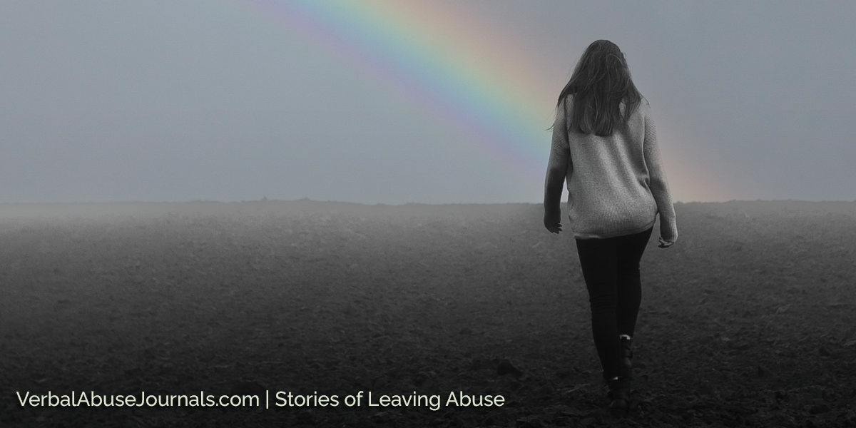 Woman walking away across a bare field toward a rainbow. Words say VerbalAbuseJournals.com, Stories of Leaving Abuse