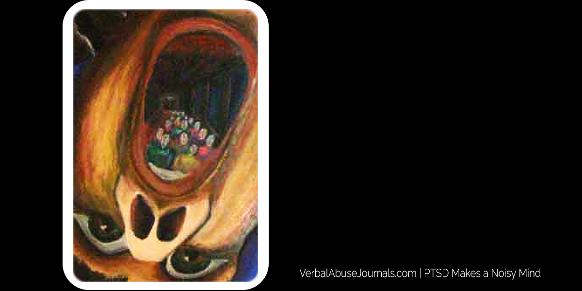 Person with head upside down, mouth open, and a theatre of people inside.