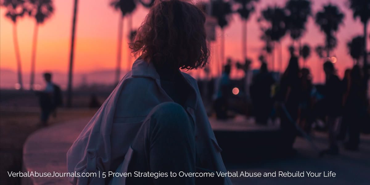 A woman in a public place at sunset watching the groups of people and wondering if overcoming verbal abuse is ever possible.