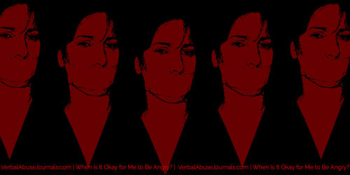 One woman who has tape covering her mouth, printed 5 times in a row. She's wondering "When Is It Okay for Me to Be Angry?"