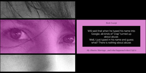 Portrait of author on left, divided into thirds with eye section highlighted with purple. Excerpt from the book on the right.