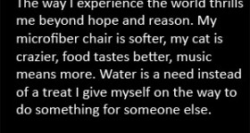 In the last years of marriage, I felt anger, betrayal, fear, bitterness, probably even hate. Now there is a world of emotion to experience; it is surreal.