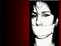 A woman with wide piece of tape over her mouth. She looks angry. Text says 'Break your silence'