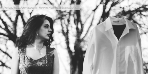 woman looking at a man, but the man is actually just a set of clothes