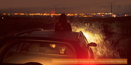 Woman looking out over night city skyline from the hood of her car. She knows escaping abuse is always the best thing to do...but it is so hard!