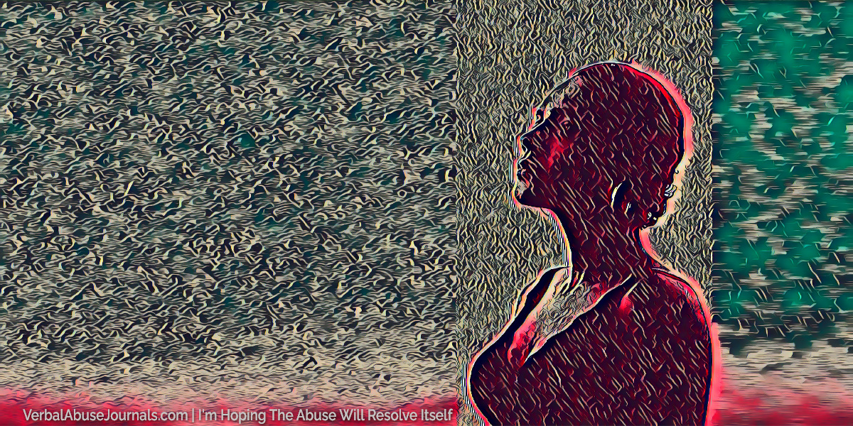 woman, colored with fuschia and mint green, looks up to the sky, hoping the abuse will resolve itself.