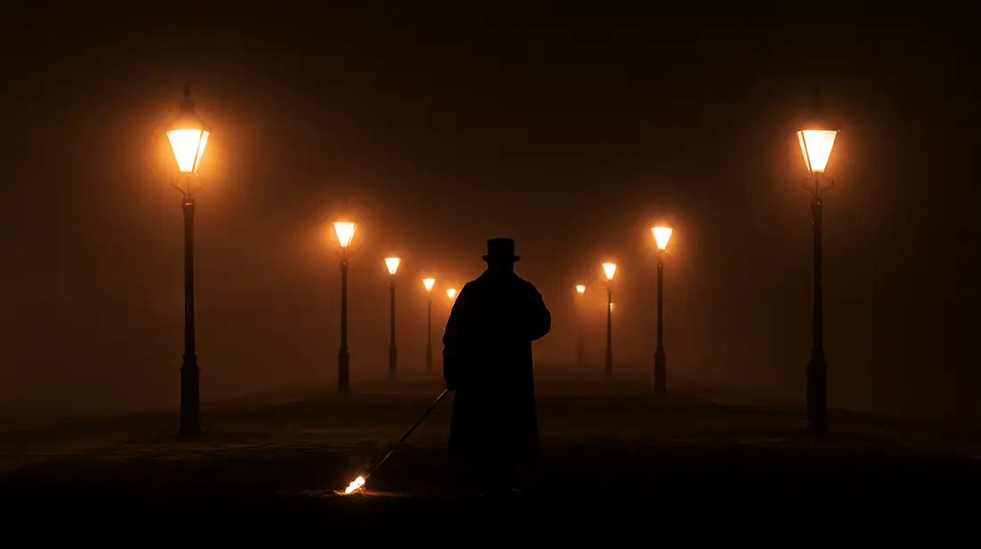 person in tophat shadowed as they light the gas lamps along a road